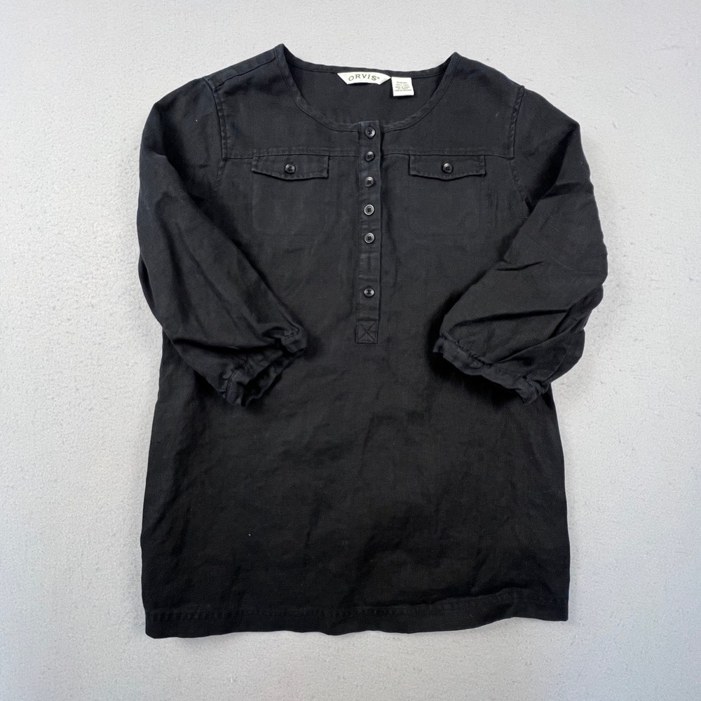 Orvis Linen Tunic Top Womens S Black 3/4 Sleeve Henley Lagen Look Casual Boho